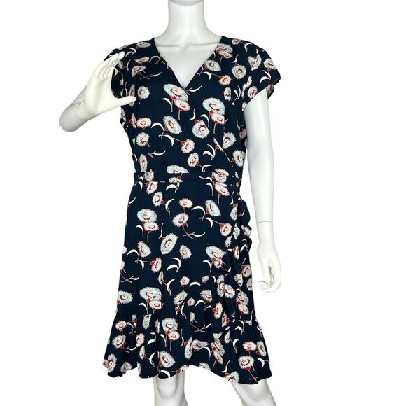 J Crew Size 14 Navy Blue Floral Print Ruffle Faux Wrap Dress Casual - Picture 1 of 7